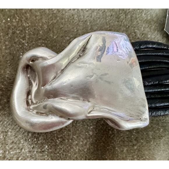 Handmade Electroformed Sterling Cuff Bracelet With Black Leather By E&L / Isreal - Picture 4 of 7